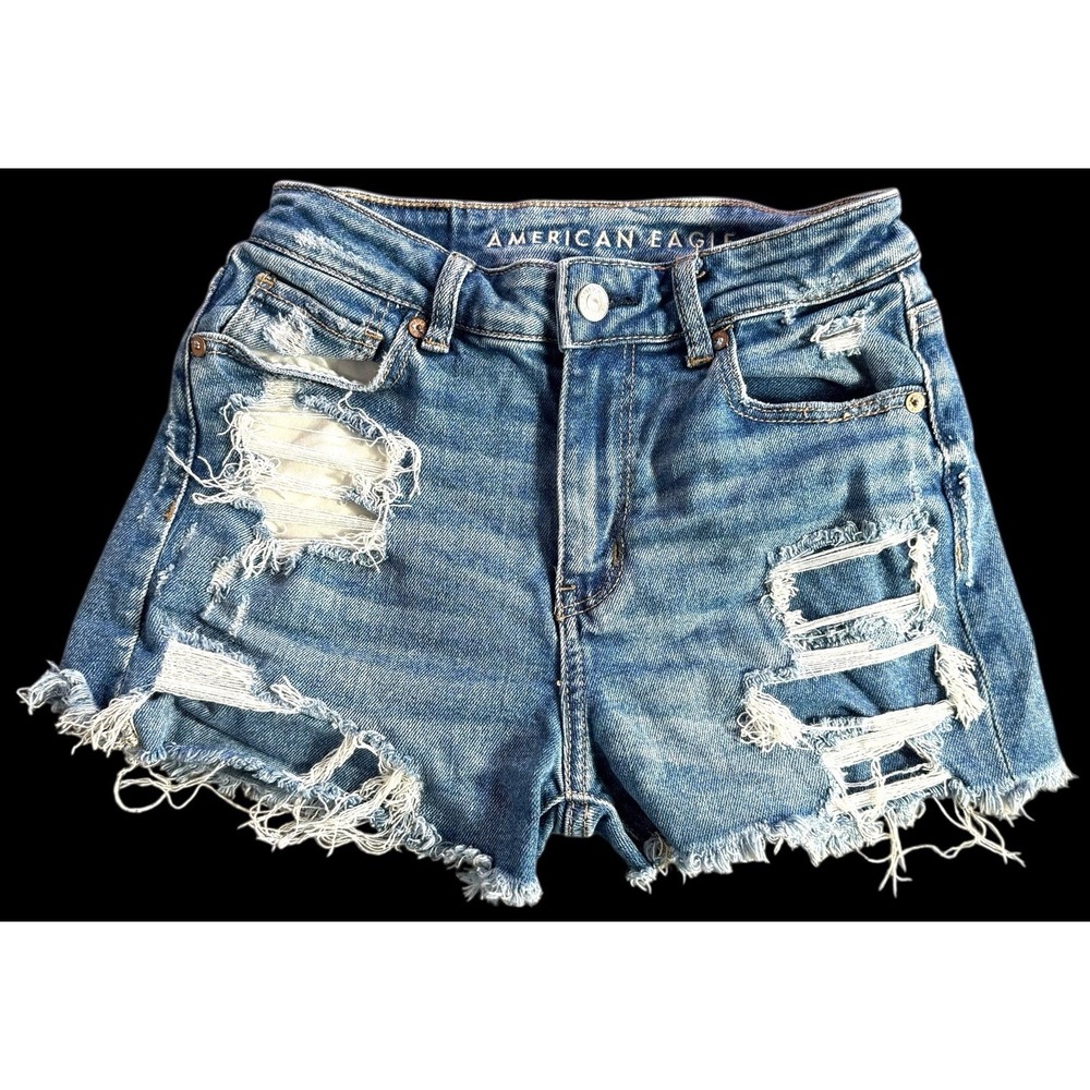 American Eagle Stretch Distressed Denim Jean Shorts Frayed Festival Size 0